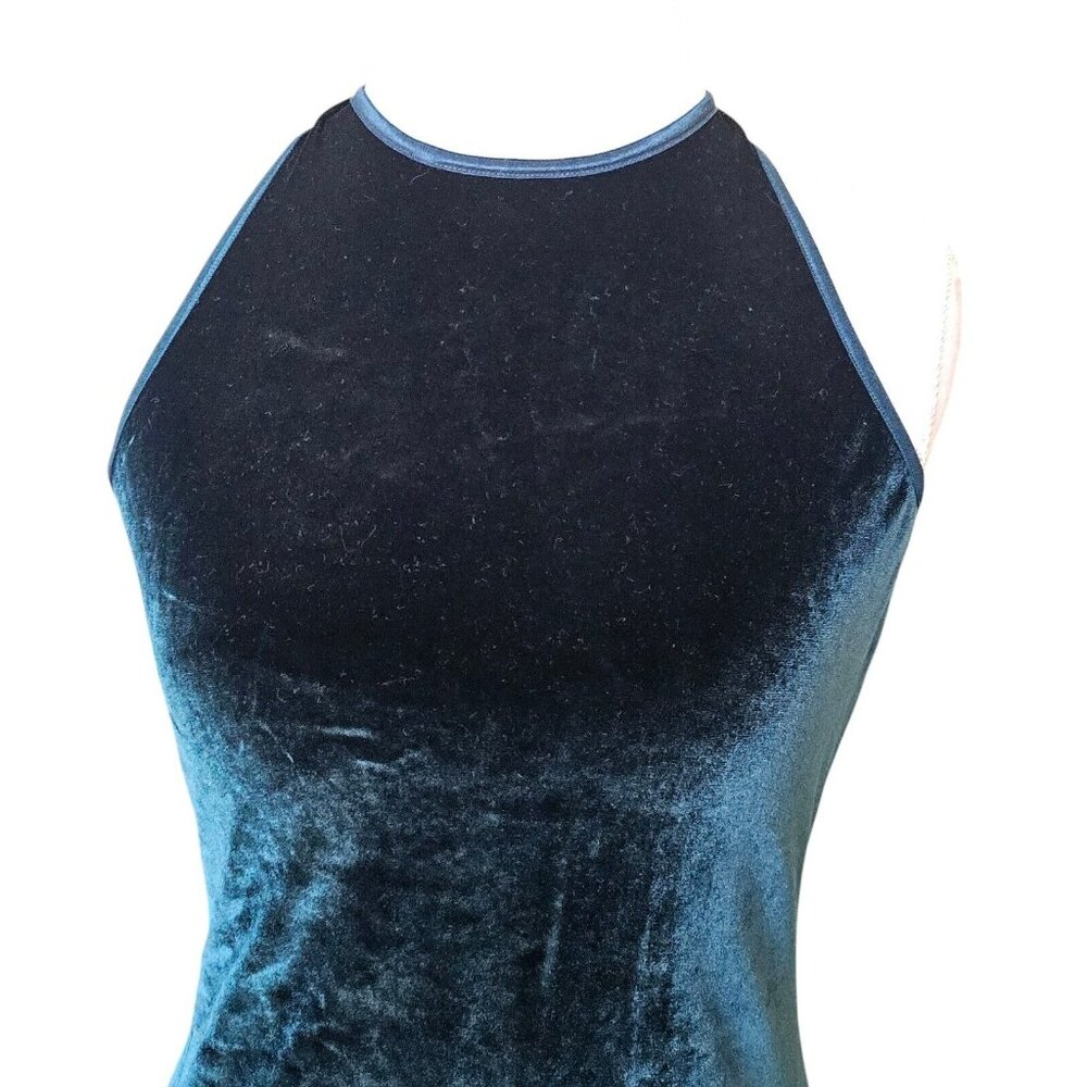 90s Womens Medium‎ Velvet Halter Mini Dress Dark Green Stretchy Party Formal - Picture 3 of 10